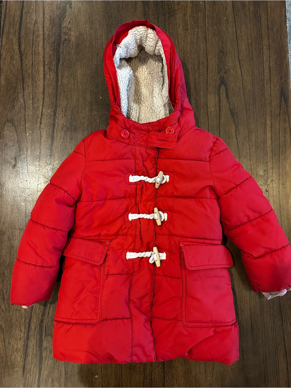 Boden Kids 2-3Y Red Hooded Puffer Coat Sherpa Lined Toggle Winter Jacket 98cm